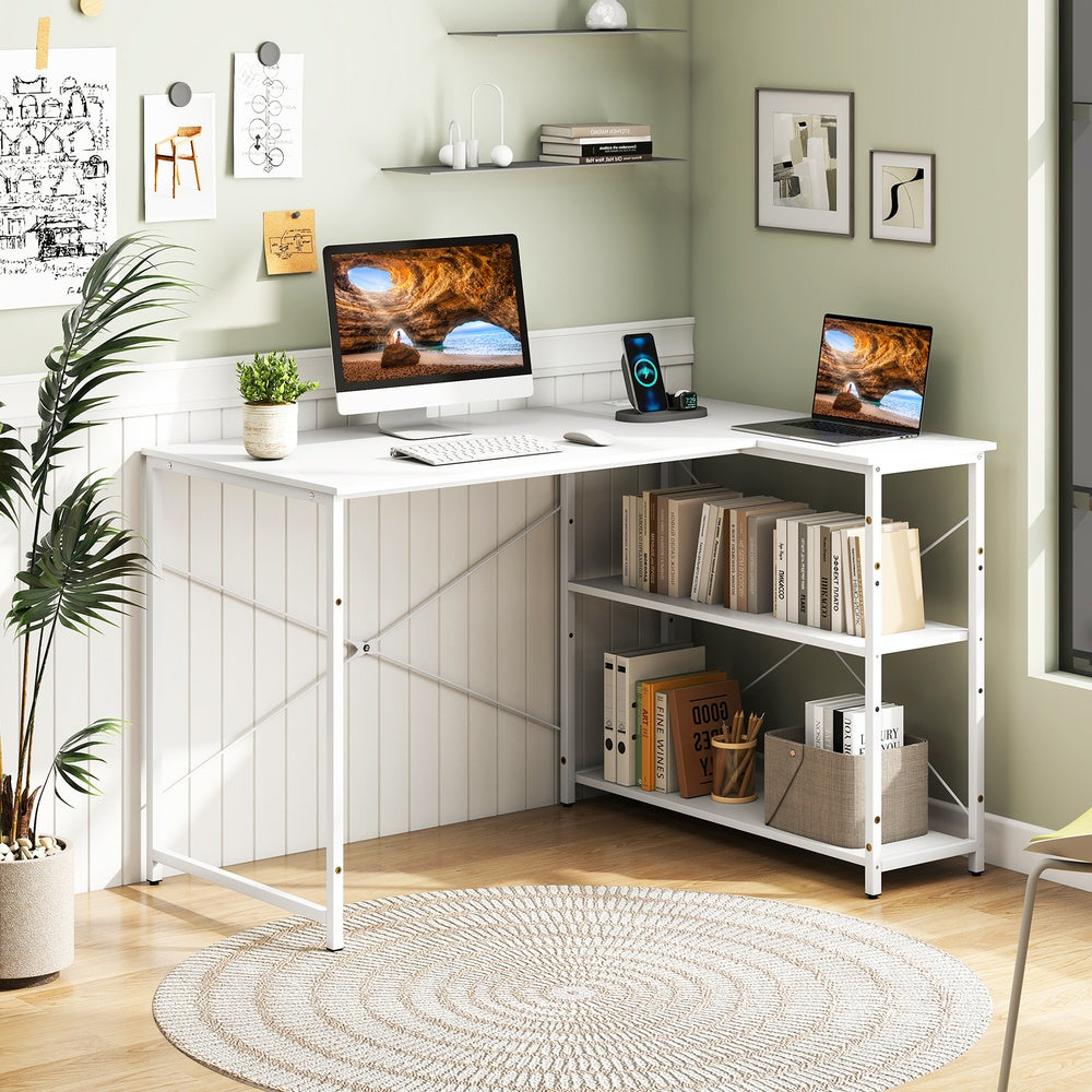 L Shaped 47 in. Reversible Corner Desk with 2 AC USB Type C Charging 3 Position Adjustable Storage Shelves Metal