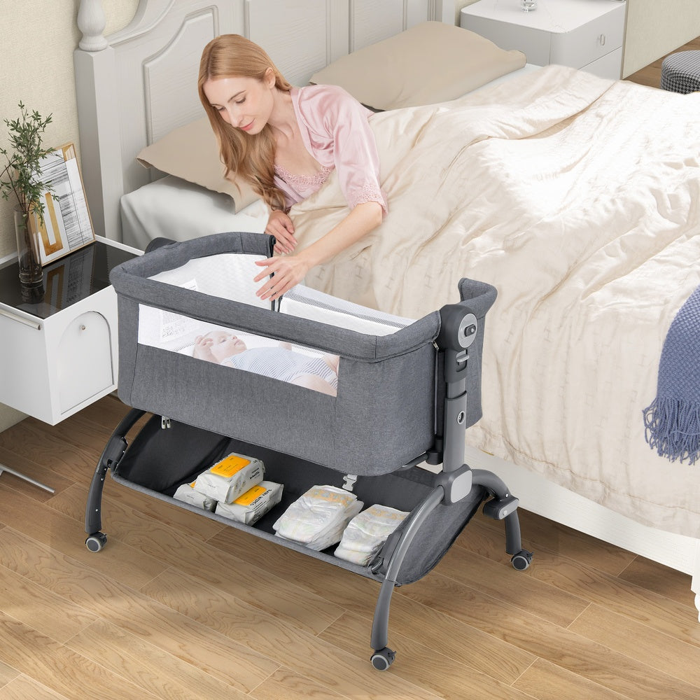 3-in-1 Baby Bassinet with Double-Lock Safety Design and Adjustable Heights, Gray