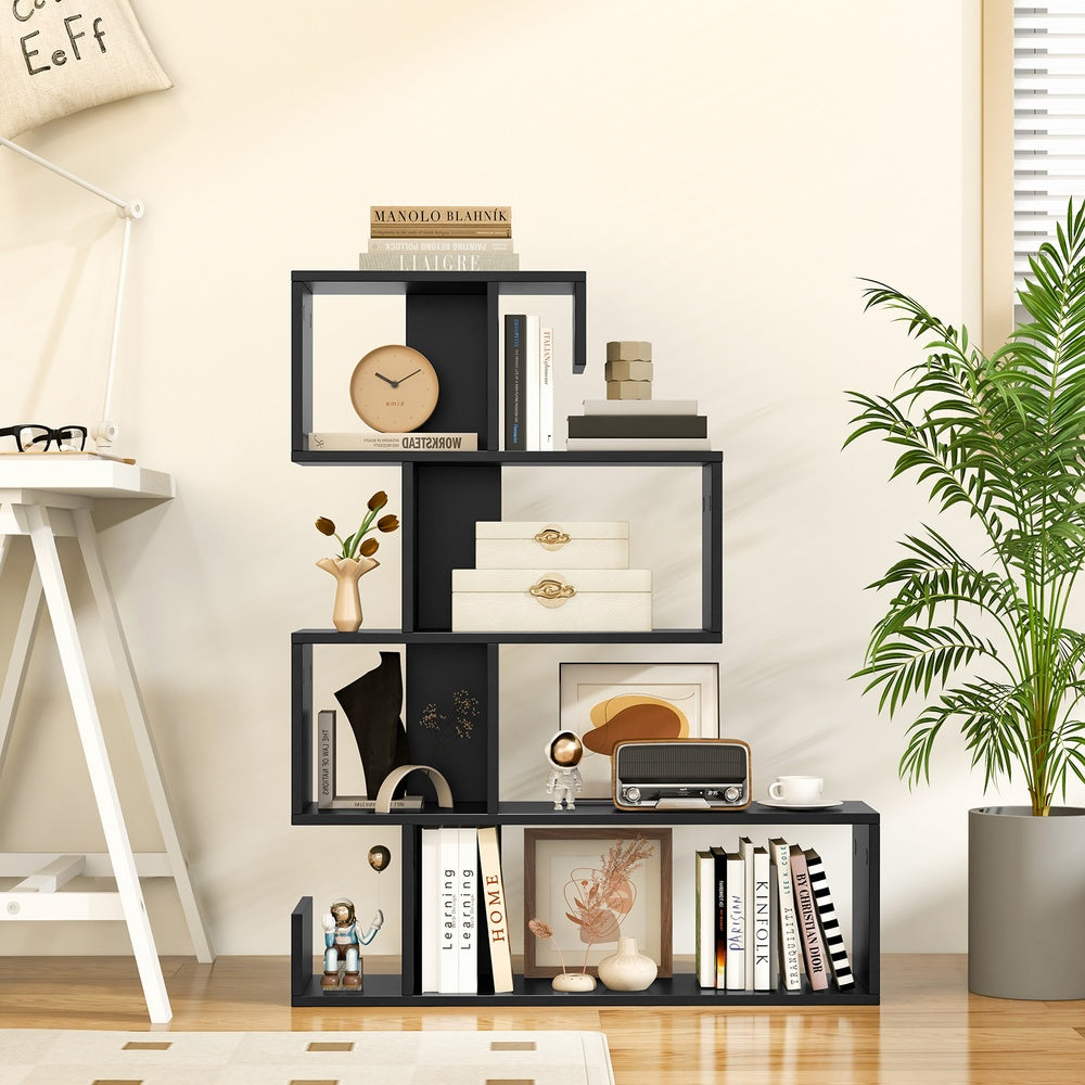 5-Tier S-Shaped Geometric Bookcase with Open Cubes for Display and Storage, Black