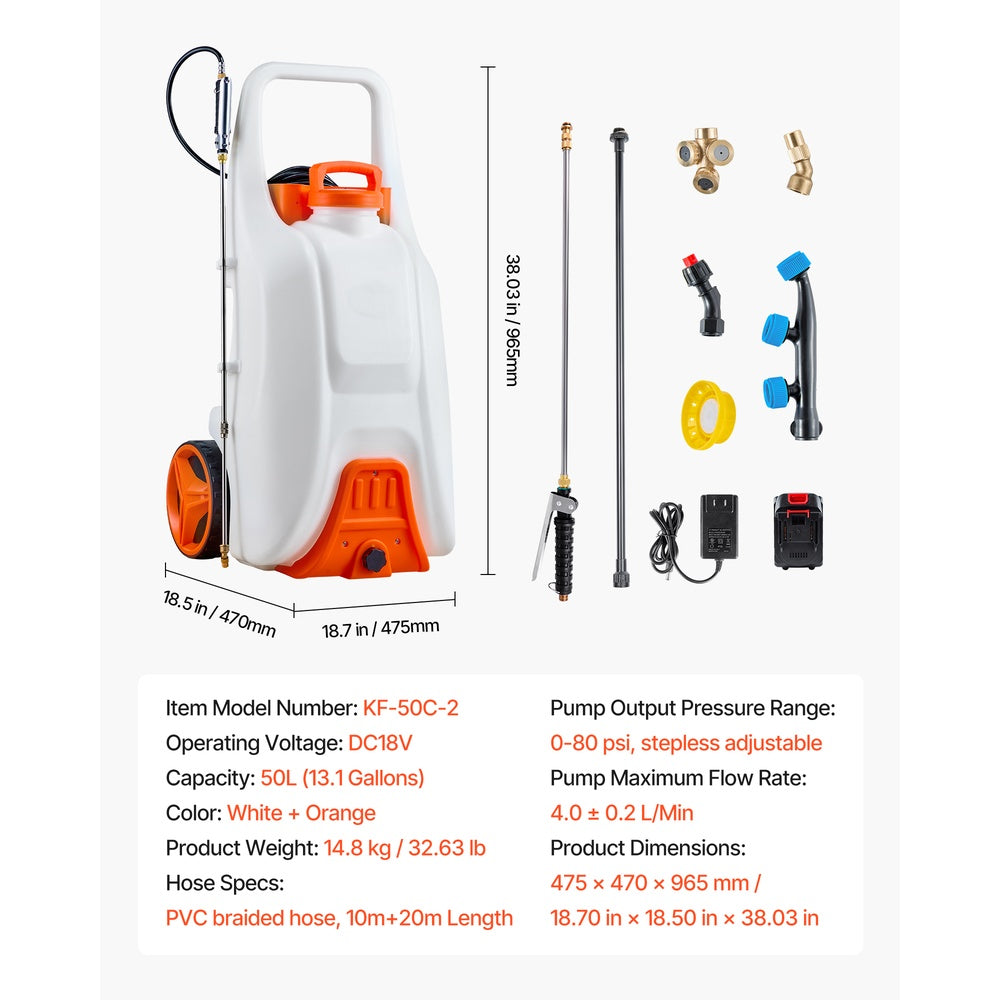 Battery Powered Sprayer 13.1 Gal Wheeled Cart Electric Weed Sprayer 0-80 PSI 98 ft Hose 5 Nozzles 5Ah for Farm Garden
