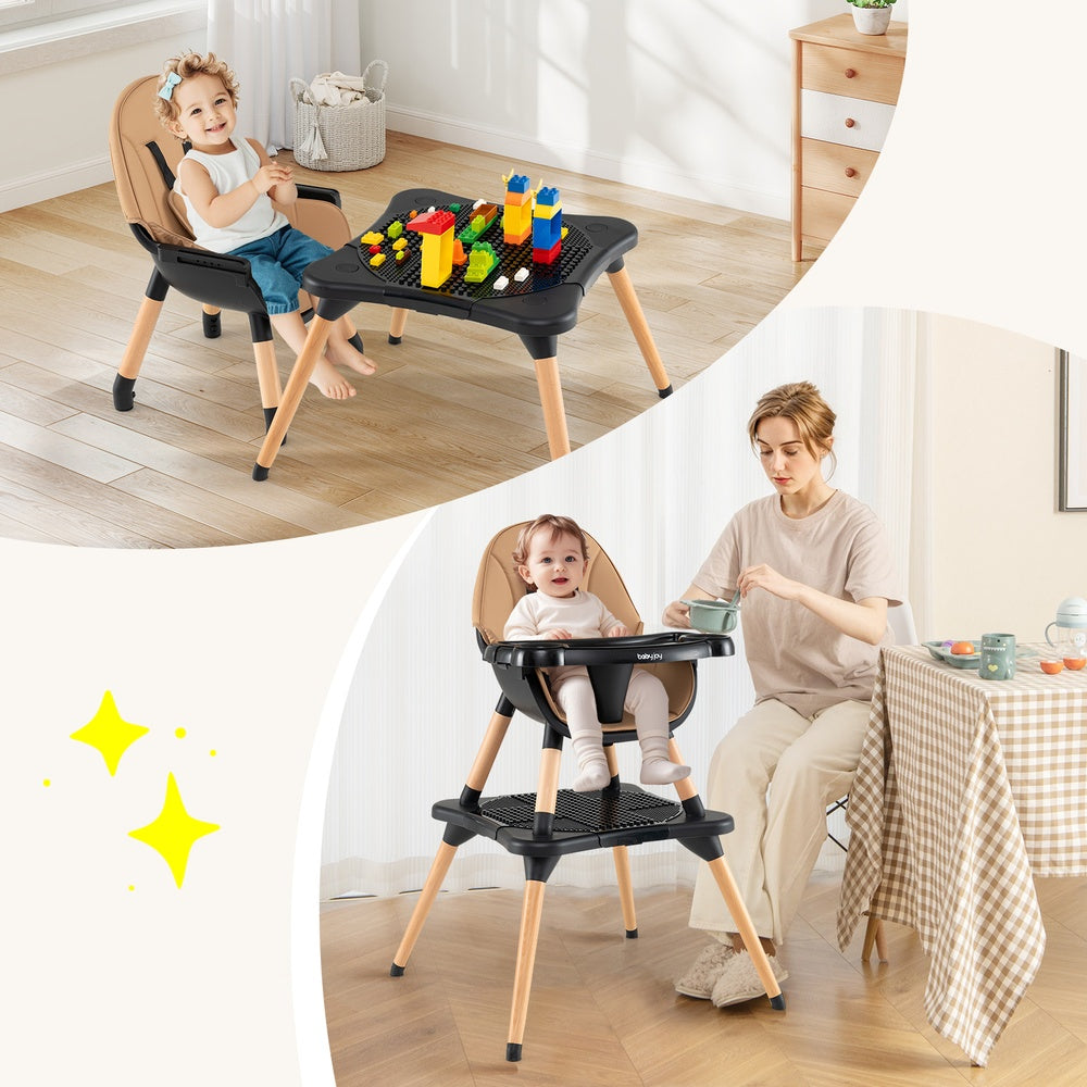 6 in 1 Convertible Baby High Chair 6-36 Months Birch Wood Pyramid 5 Point Harness 4 Stage Tray Dishwasher