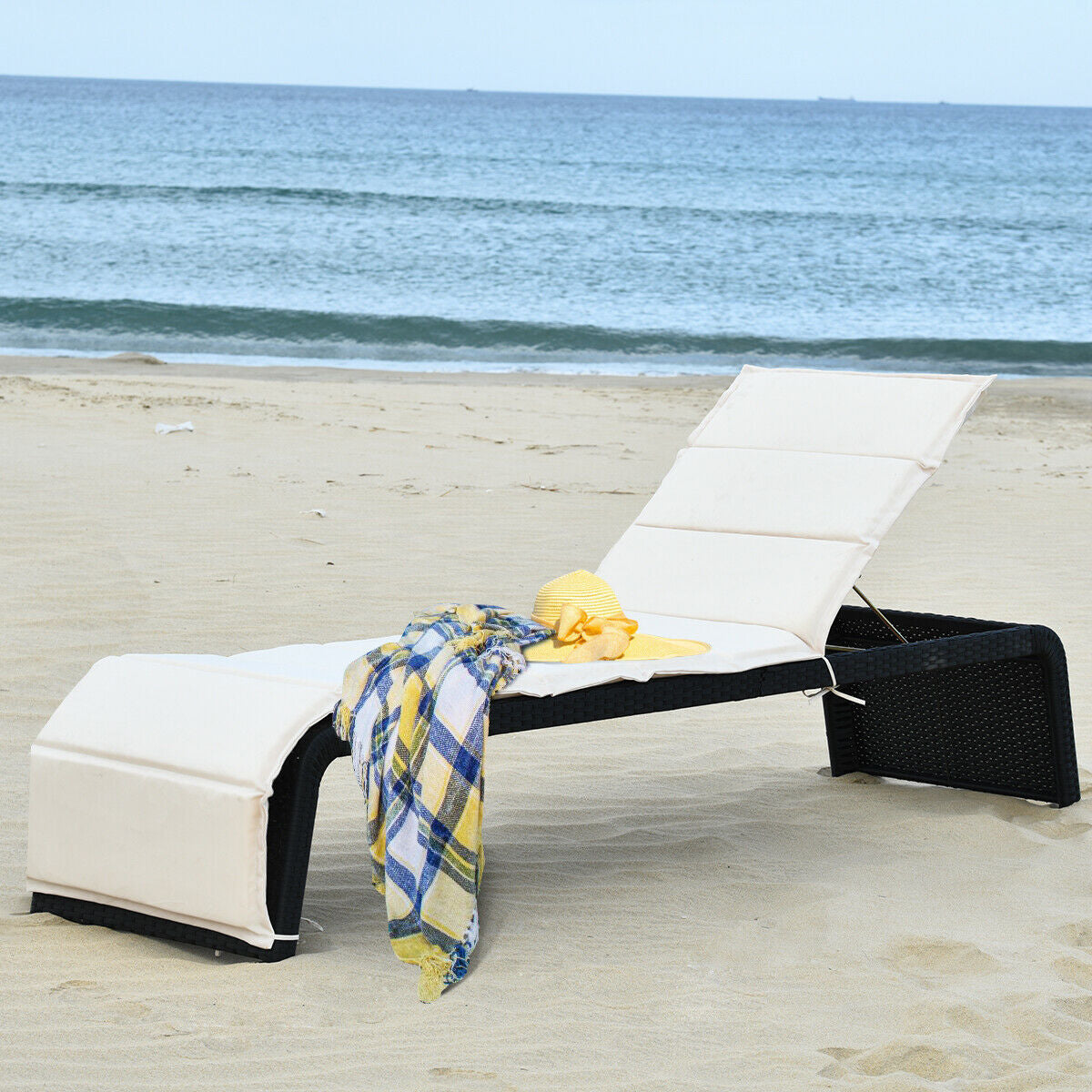 Patio PE Rattan Chaise Lounge with 5-Position Backrest 17-38 in. Height Adjustable Feet + Washable Cushion