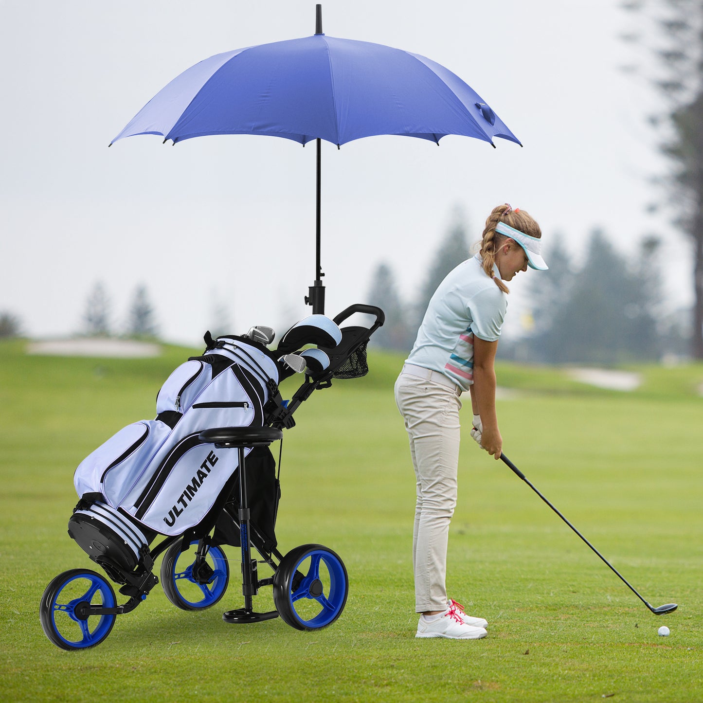 3-Wheel Folding Golf Push Cart 30 lb. Capacity Seat Scoreboard Umbrella Holder 2 Cup Holders Foot Brake EVA Wheels