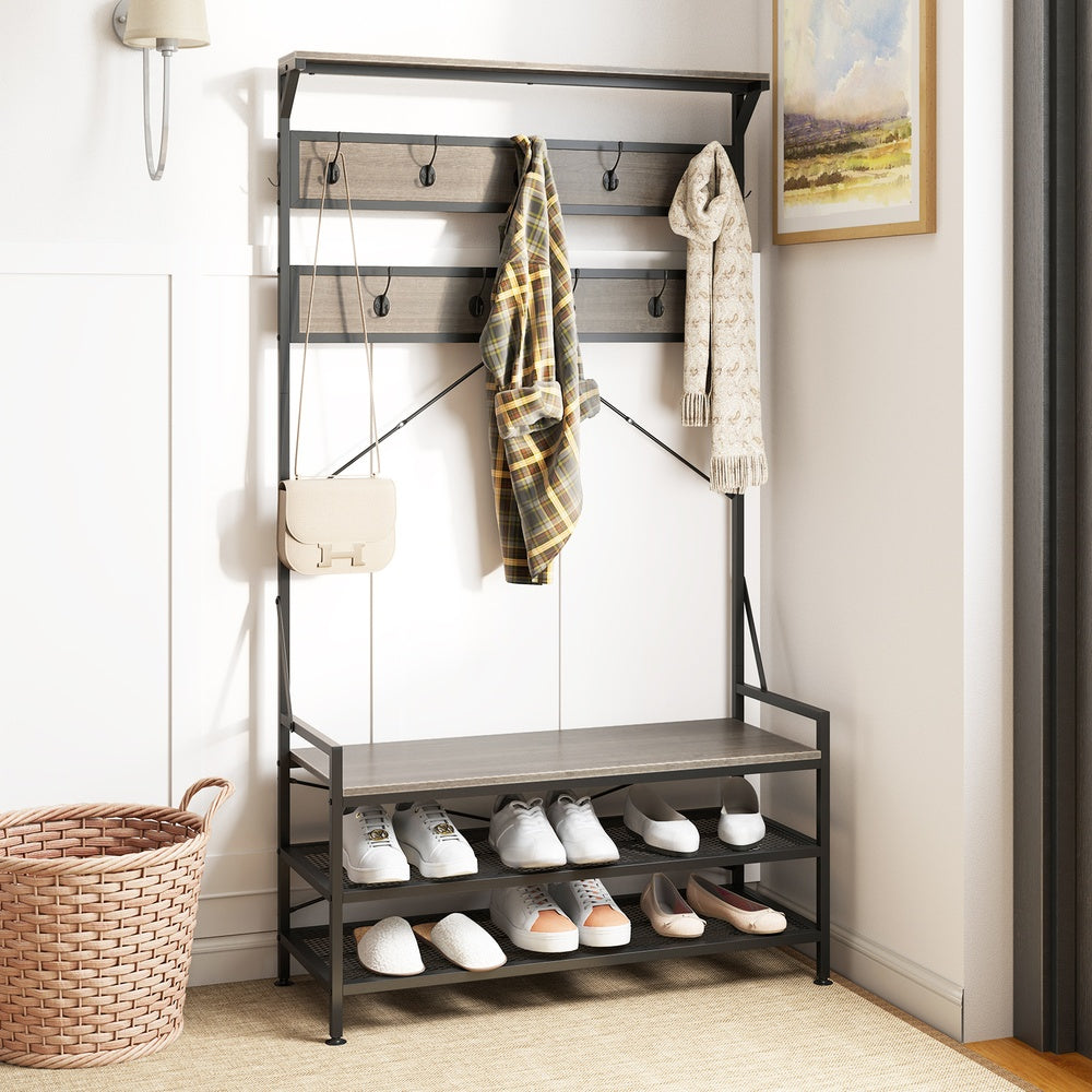 Coat Rack 4 in 1 Hall Tree 11 Hooks Shoe Bench Metal 341 lb. 40 x 16 x 72.5 in. 2 Anti Tipping Adjustable Pads