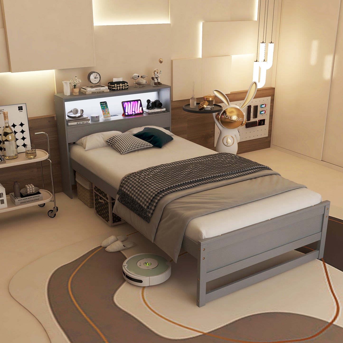 Twin Bed Frame Storage Headboard with Charging Station USB Type C LED Light 12 in. Under Bed Clearance