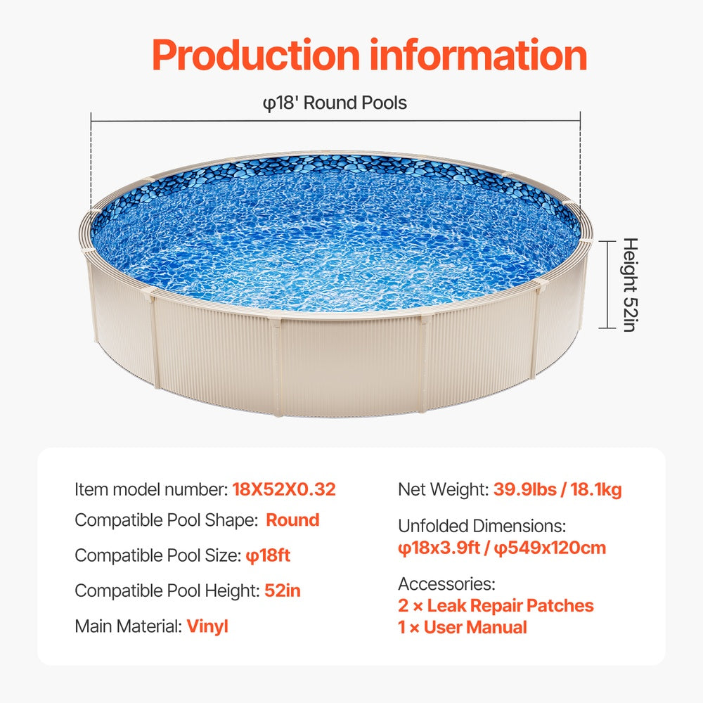 18-ft Round Above-Ground Pool Liner, Unibead Vinyl Liner, 52 in Wall, Standard Gauge for Steel-Sided Pools