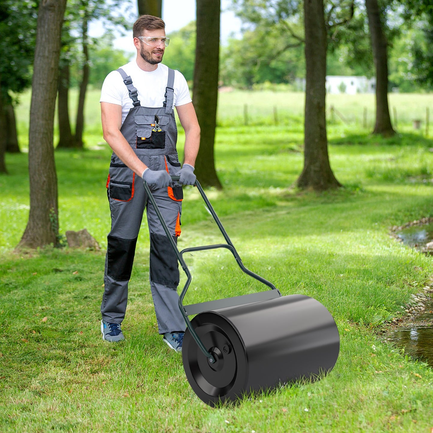 Lawn Roller 16 gal. Steel Drum with U-Shaped Handle and Drain Plug for Garden Backyard Seed