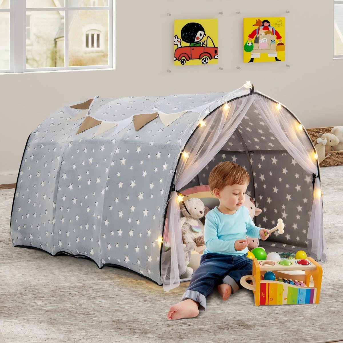 Kids Dream Bed Tent Twin Bunk + Glow-in-the-Dark Star + Star Light String + 40 in. Width + Flannel Fiberglass Pole