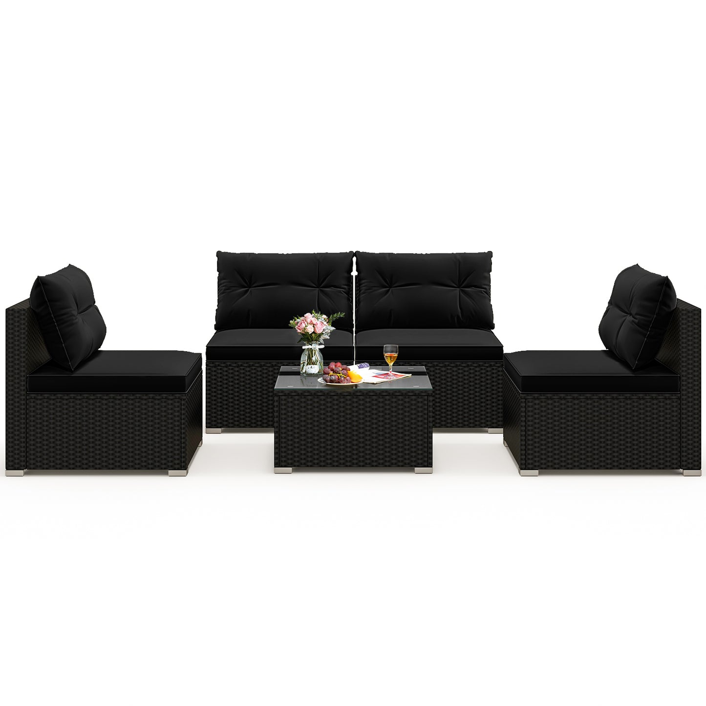 5-Piece Outdoor PE Rattan Patio Furniture Set with Cushions and Table