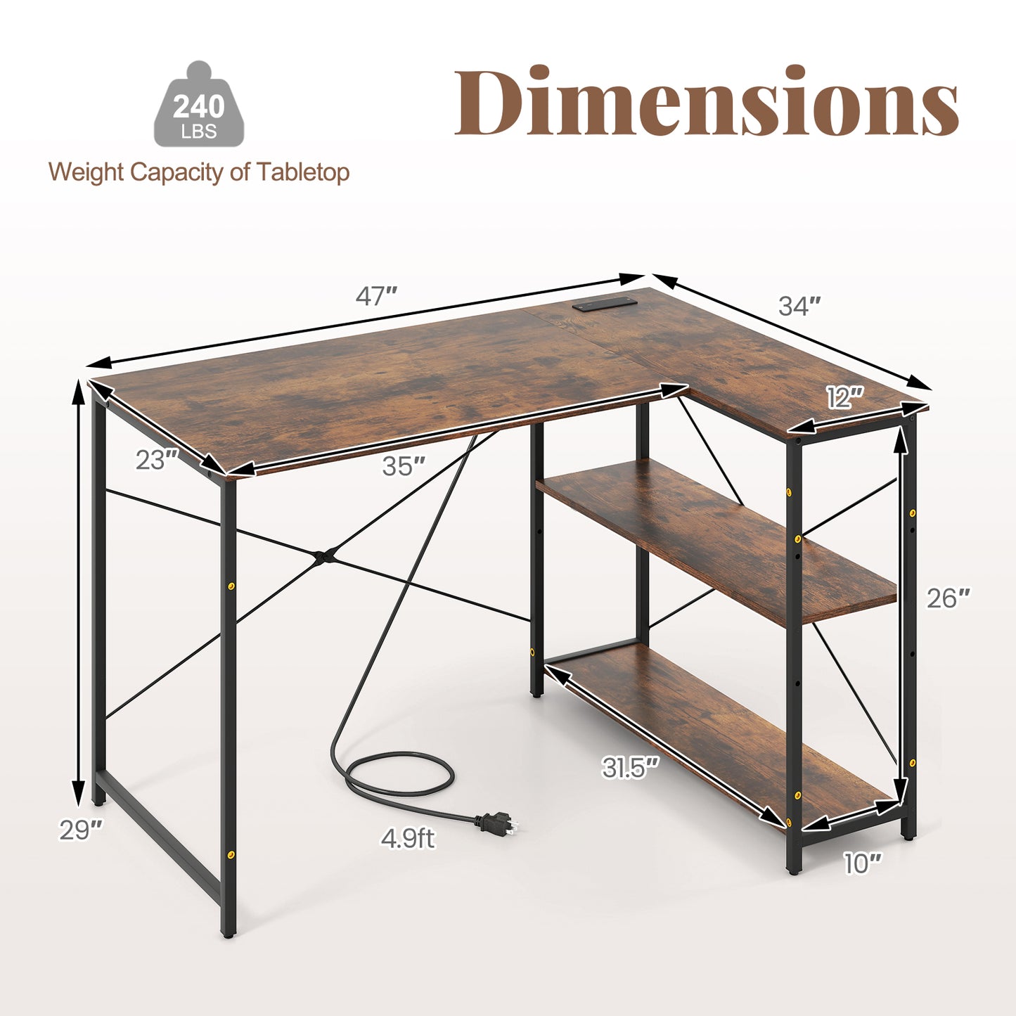 L-shaped 47 Inch Reversible Corner Desk with Adjustable Storage Shelves-Rustic Brown