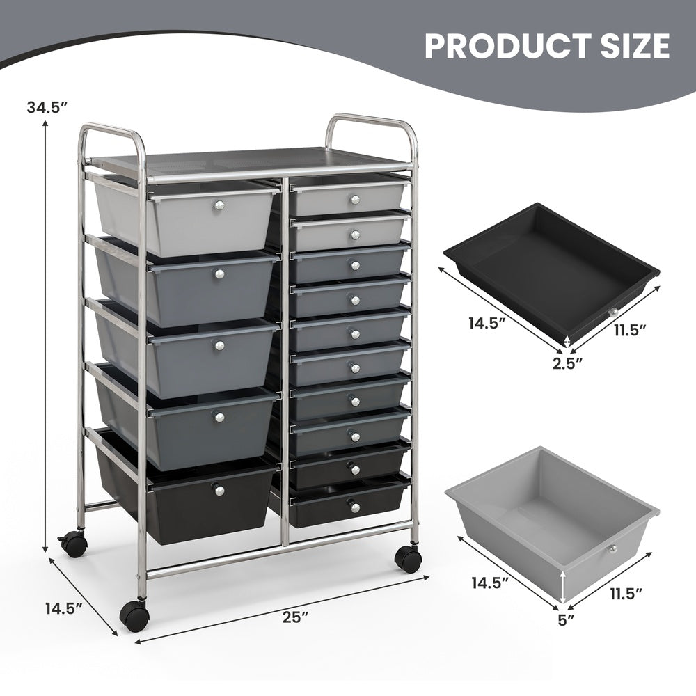 15-Drawer Rolling Storage Cart with Durable Frame and Multi-Use Drawers for Home Organization, Black and Gray