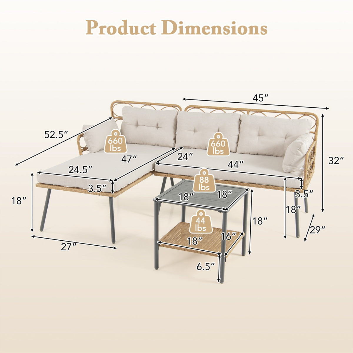 3 Piece PE Rattan Patio Seating Set with Cushions and Storage