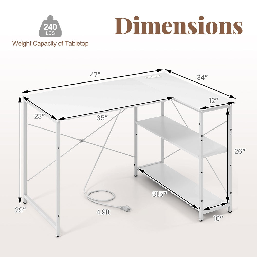 L Shaped 47 in. Reversible Corner Desk with 2 AC USB Type C Charging 3 Position Adjustable Storage Shelves Metal
