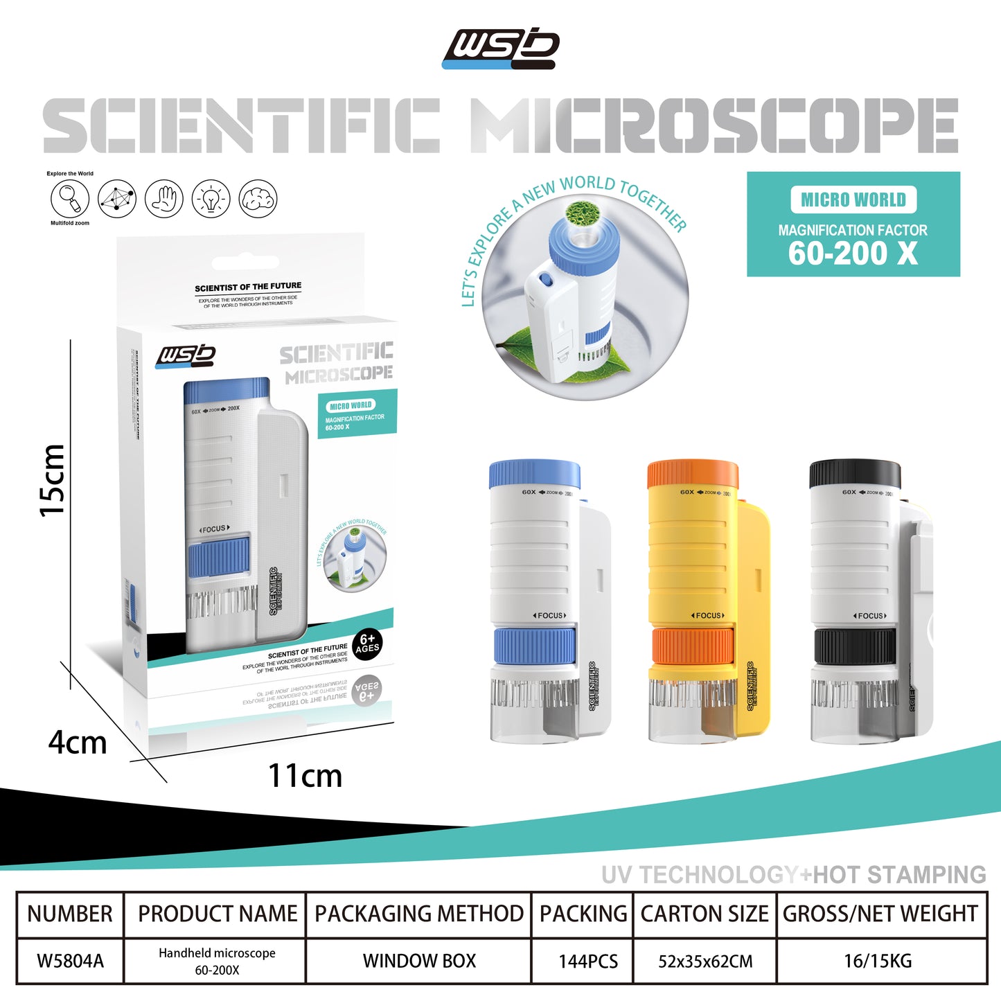 Children's Handheld Optical Microscope with LED Light, Portable Science Education Toy, Yellow