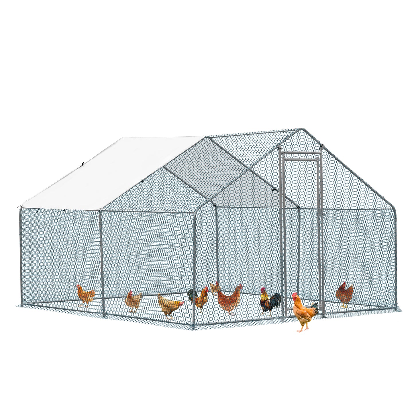 10 x 10 ft Walk-In Metal Chicken Coop with Waterproof Cover, Large Outdoor Poultry Run
