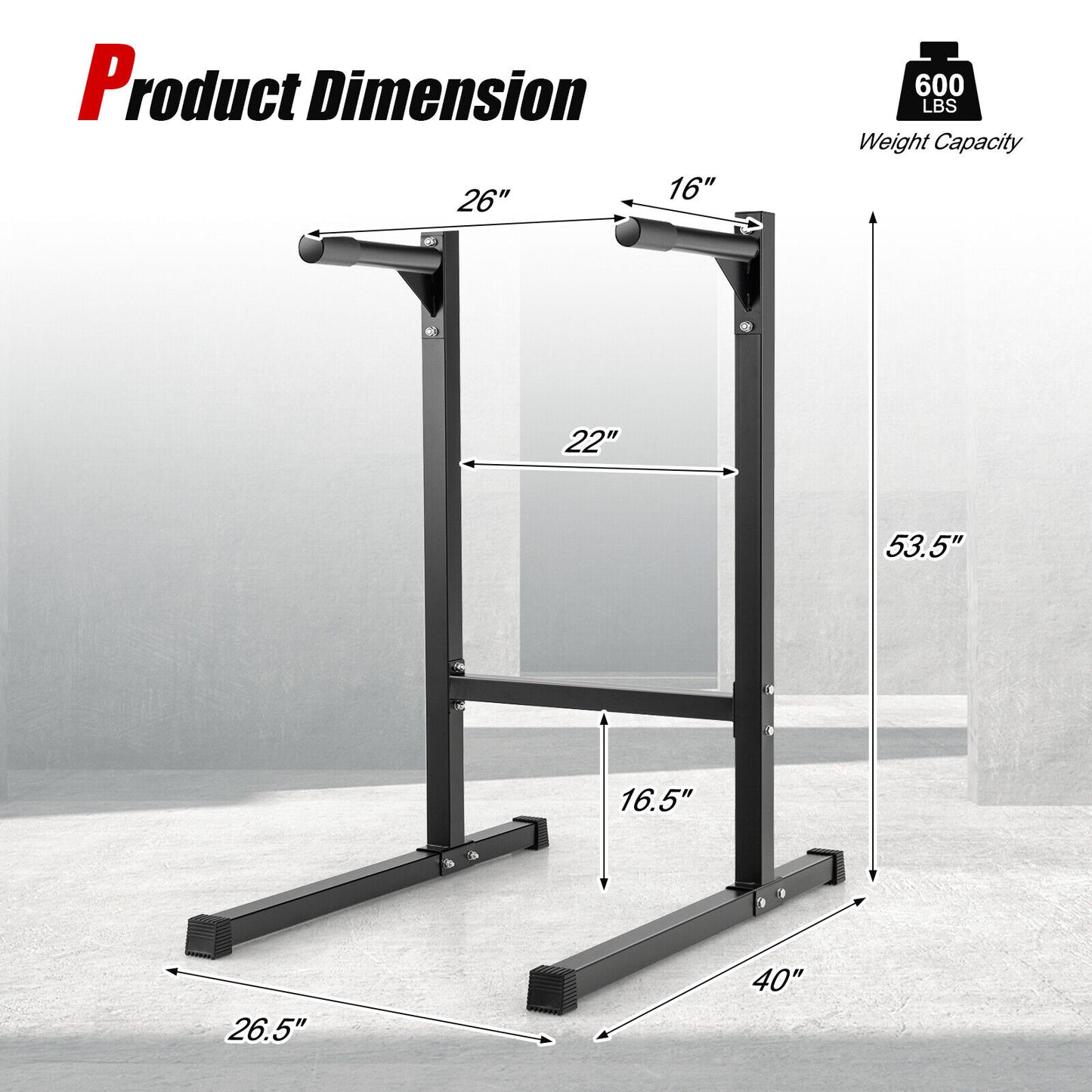Multifunctional Dip Stand 600 lb. Capacity 40 x 26.5 x 53.5 in. Foam Grip Powder-Coated Steel Triangle Base Home Gym