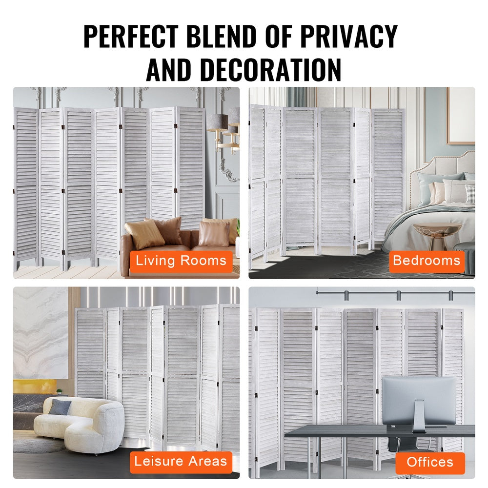Wood Room Divider 8-Panel Folding Privacy Screen 128 in. W x 66.9 in. H Paulownia European Louvered White Indoor Office