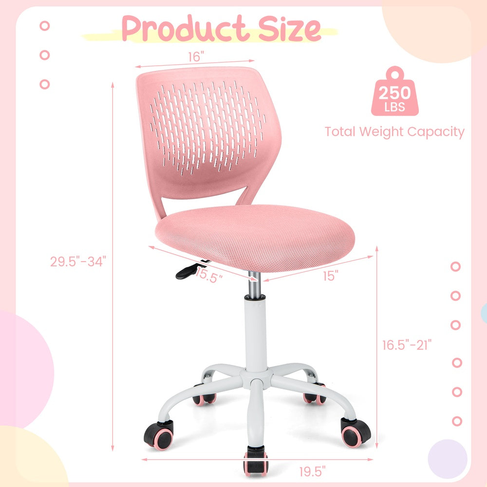 Ergonomic Children Study Chair Adjustable 16.5 to 21 in. Mesh Back PU Wheels 5 Claw Base 250 lb. 4 Colors