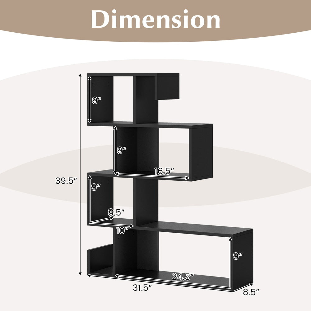 5-Tier S-Shaped Geometric Bookcase with Open Cubes for Display and Storage, Black