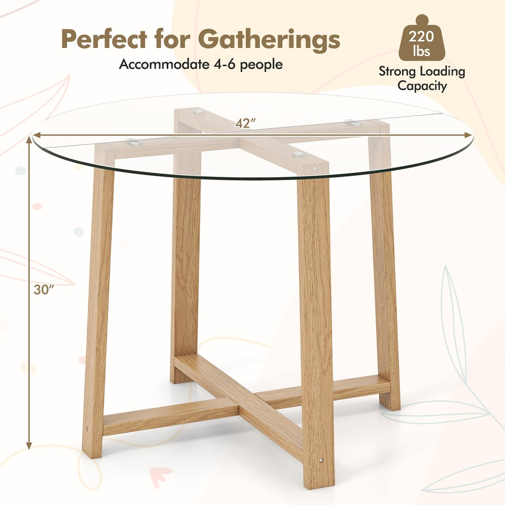 42 in Round Dining Table Seats 4-6 for Family Meals, Tempered Glass Top, X-Shaped Frame, Modern Style