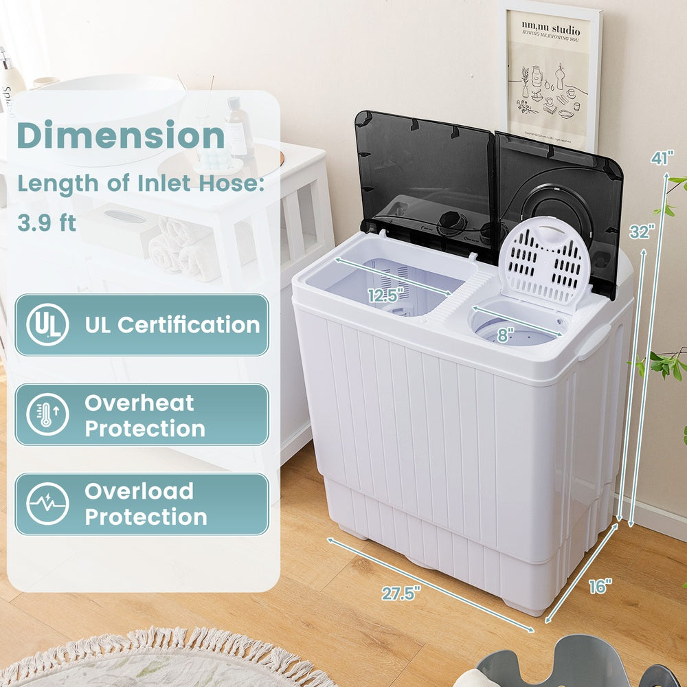 Semi-Automatic Twin Tub Washing Machine 26 lb. 18 lb. Wash 8 lb. Spin 280W Dual Motor with Drain Pump