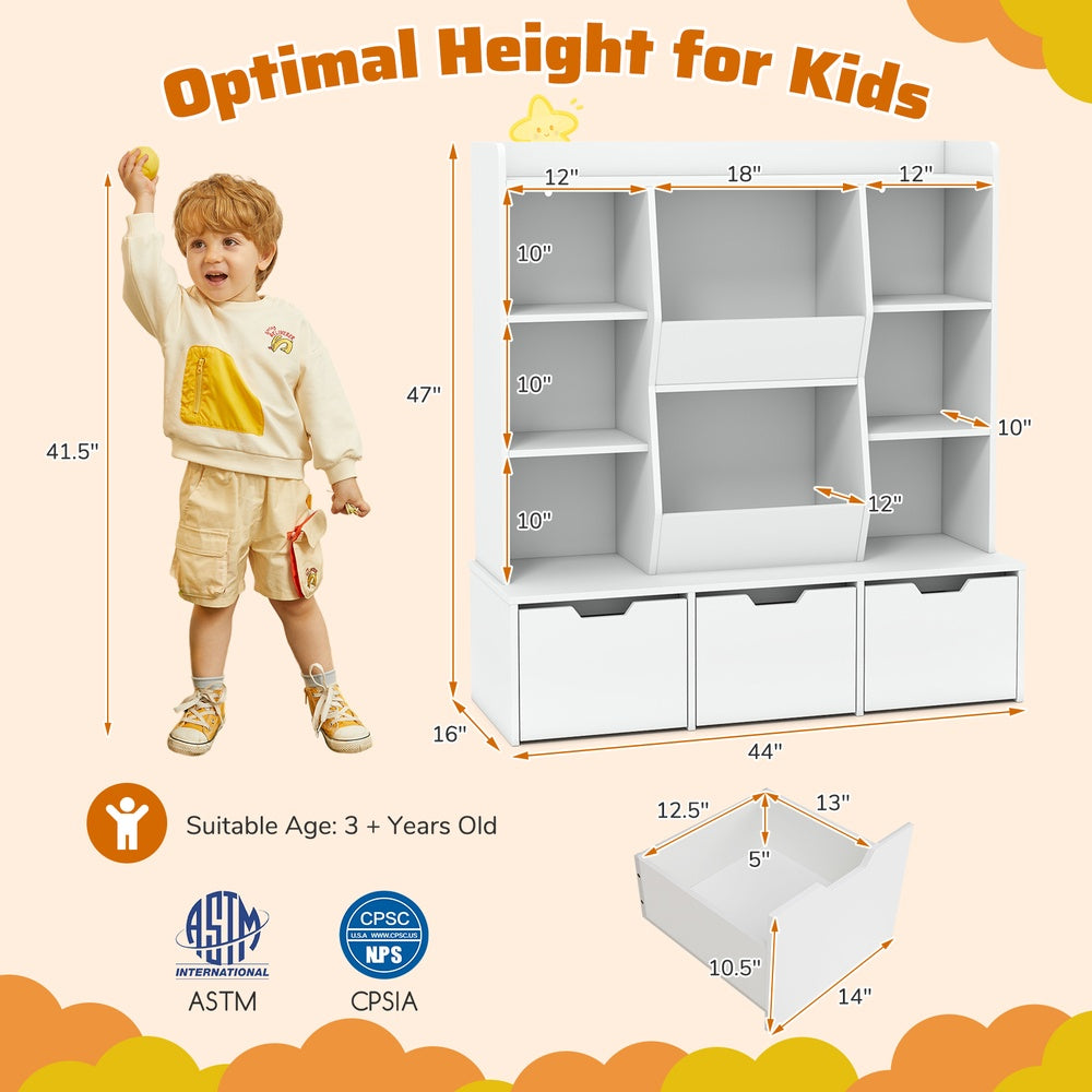 47 in. Children Bookcase Toy Storage Organizer 6 Cubbies 3 Movable Drawers MDF Anti Toppling ASTM CPSIA