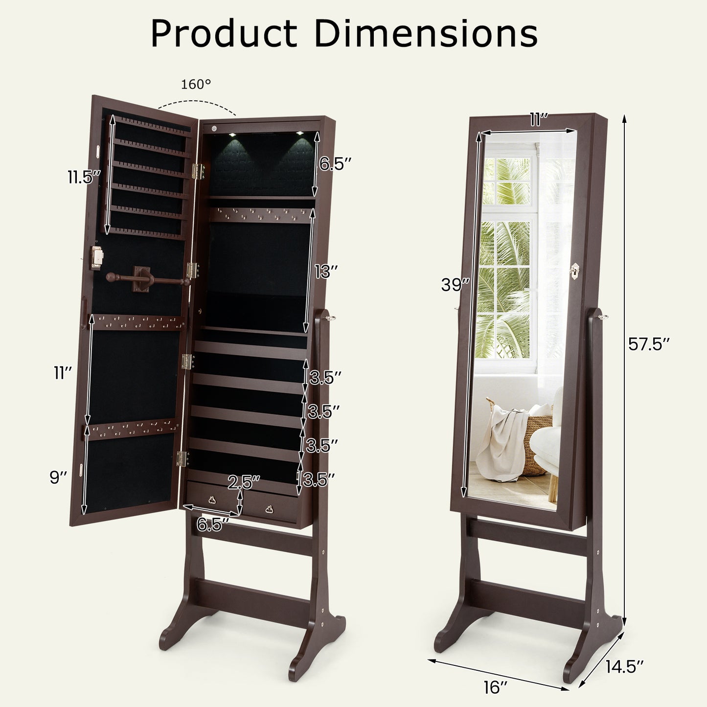 Standing Mirror Jewelry Cabinet Lockable Armoire with 108 Earring Slots 36 Hooks 2 LED Lights 43 in. Mirror