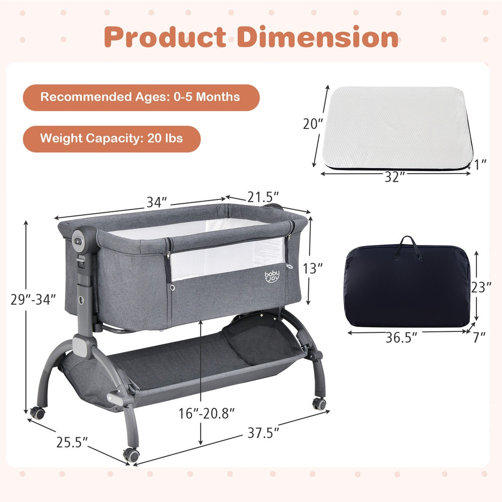 3-in-1 Baby Bassinet with Double-Lock Safety Design and Adjustable Heights, Gray
