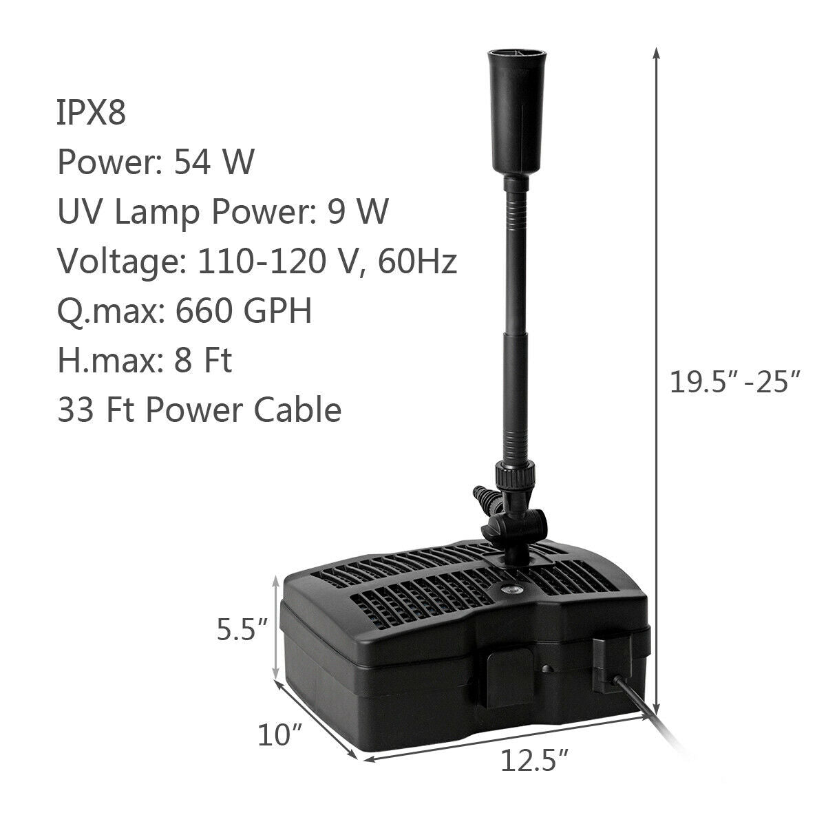 660 GPH Pond Filter Pump All-in-One with UV Sterilizer 3 Fountain Heads and 4-Level Filtration