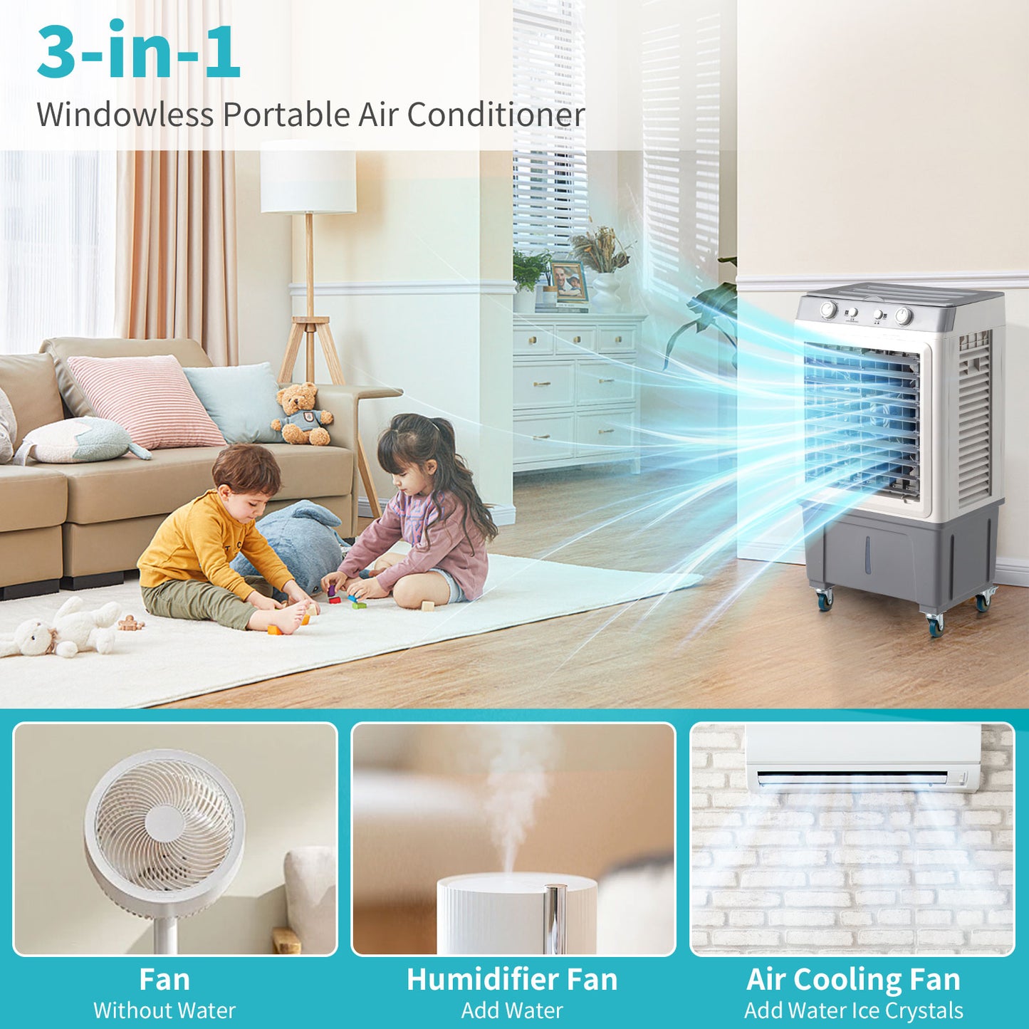 3-in-1 Portable Evaporative Air Cooler, 2353 CFM Fan with 7.9 Gallon Tank and 4 Ice Packs, White