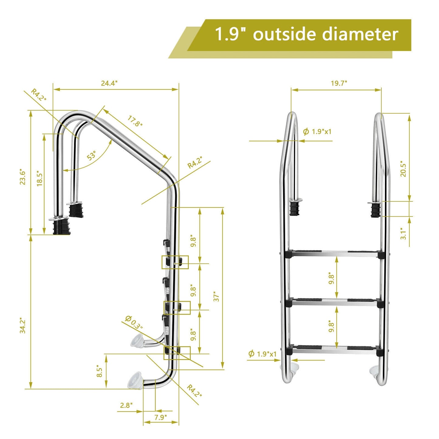 3-Step Stainless Steel Swimming Pool Ladder 265 lb. Cap. + 20 in. Wide Rails + 2 Curved Handrails Anti-Slip