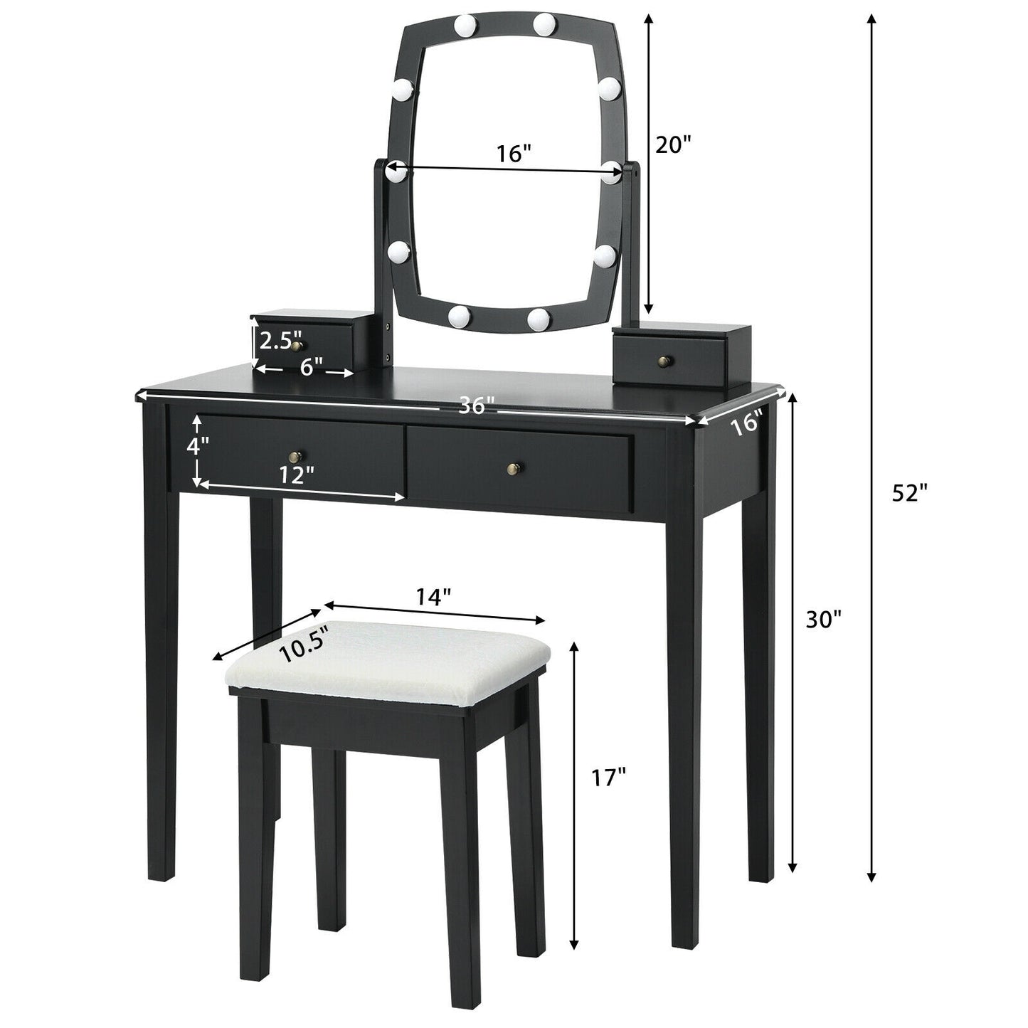 Vanity Table Set with Lighted Mirror 360 Degree Mirror 10 Dimmable Bulbs Makeup Dressing Table 4 Drawers