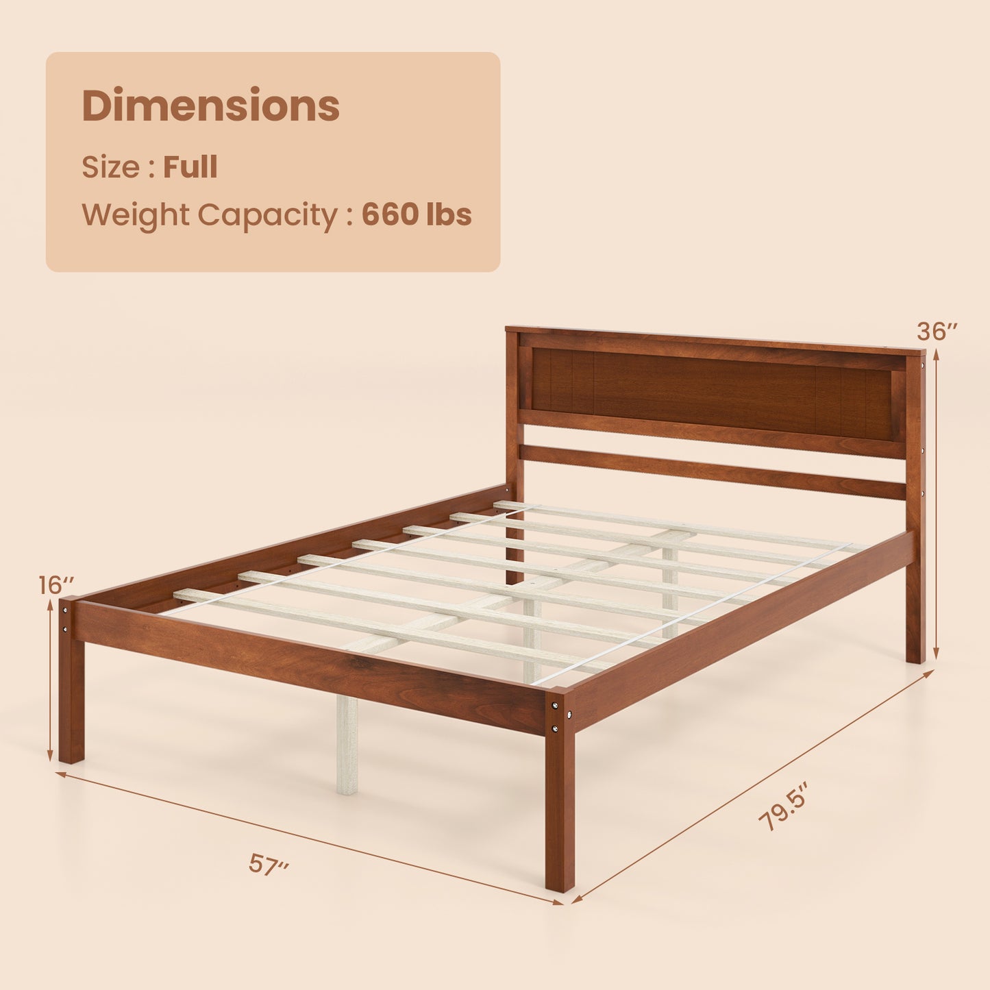 Full Size Bed Frame with Wooden Headboard and Slat Support-Full Size