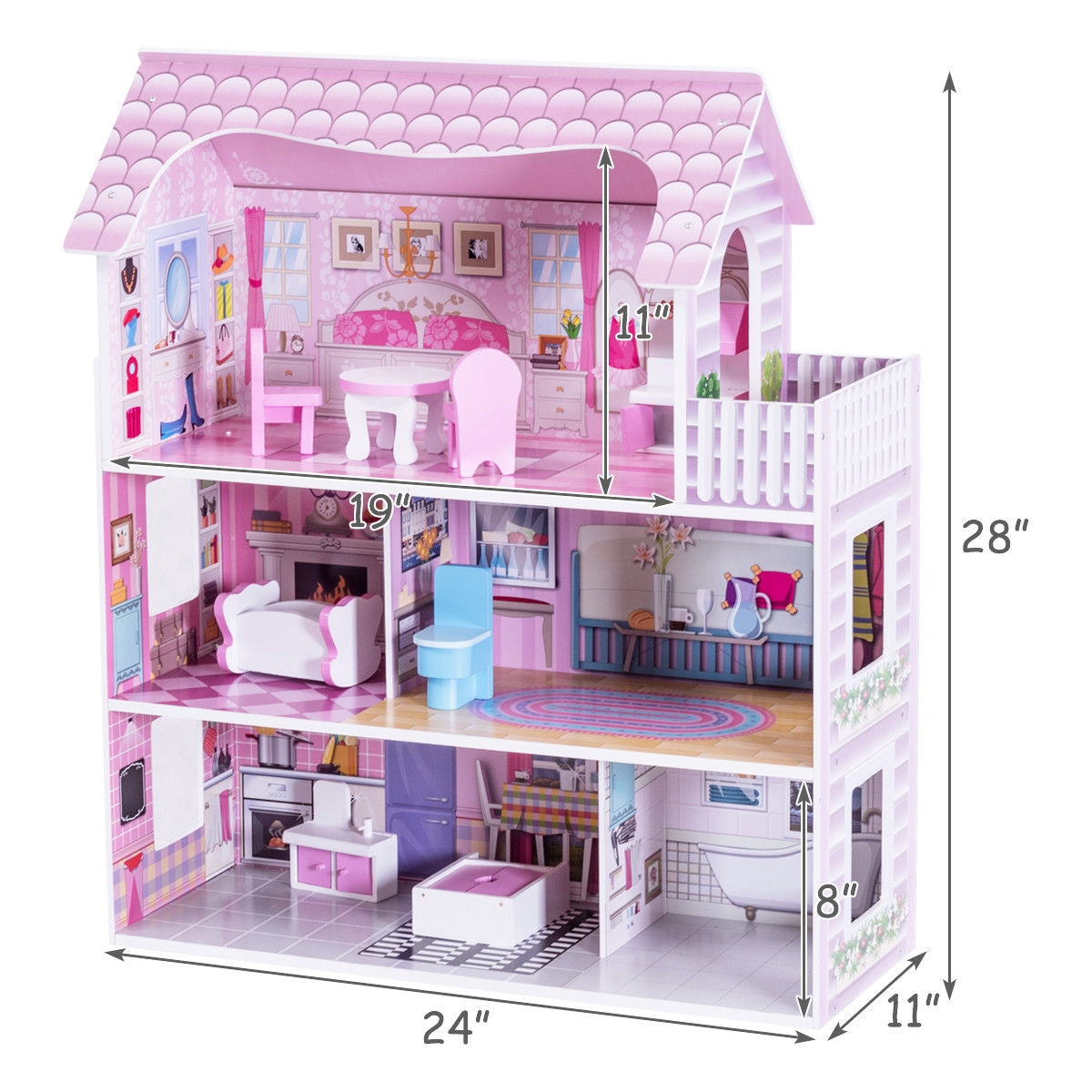 28 in. Pink Dollhouse with 8 Furniture Accessories + MDF Non-Toxic + 3 Level + 5 Room + Balcony + Age 3-12 + 4 in. Dolls