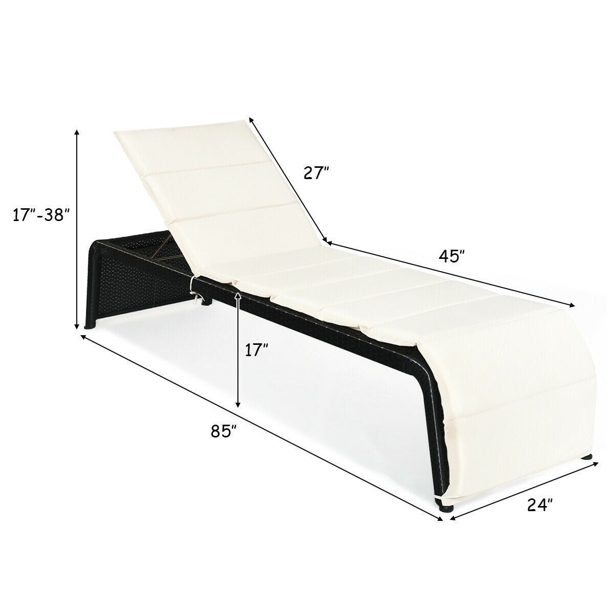 Patio PE Rattan Chaise Lounge with 5-Position Backrest 17-38 in. Height Adjustable Feet + Washable Cushion