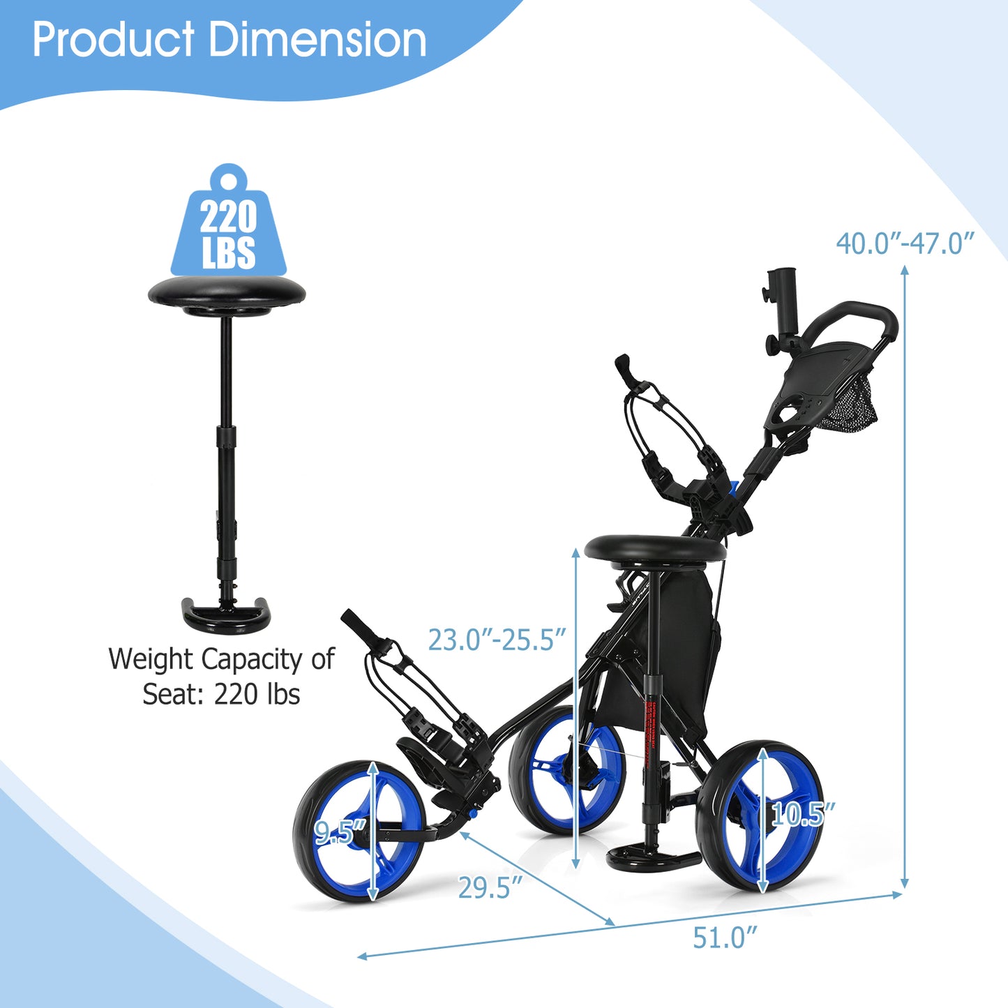 3-Wheel Folding Golf Push Cart 30 lb. Capacity Seat Scoreboard Umbrella Holder 2 Cup Holders Foot Brake EVA Wheels