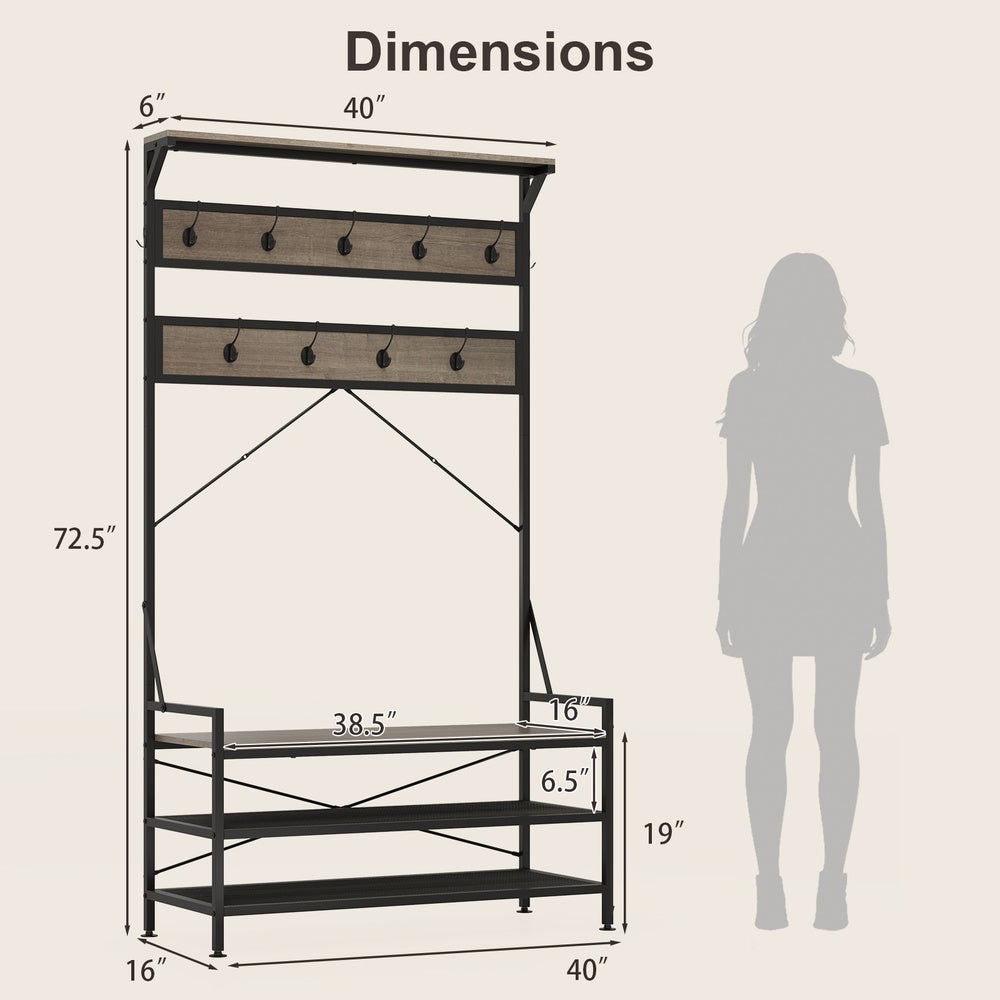 Coat Rack 4 in 1 Hall Tree 11 Hooks Shoe Bench Metal 341 lb. 40 x 16 x 72.5 in. 2 Anti Tipping Adjustable Pads