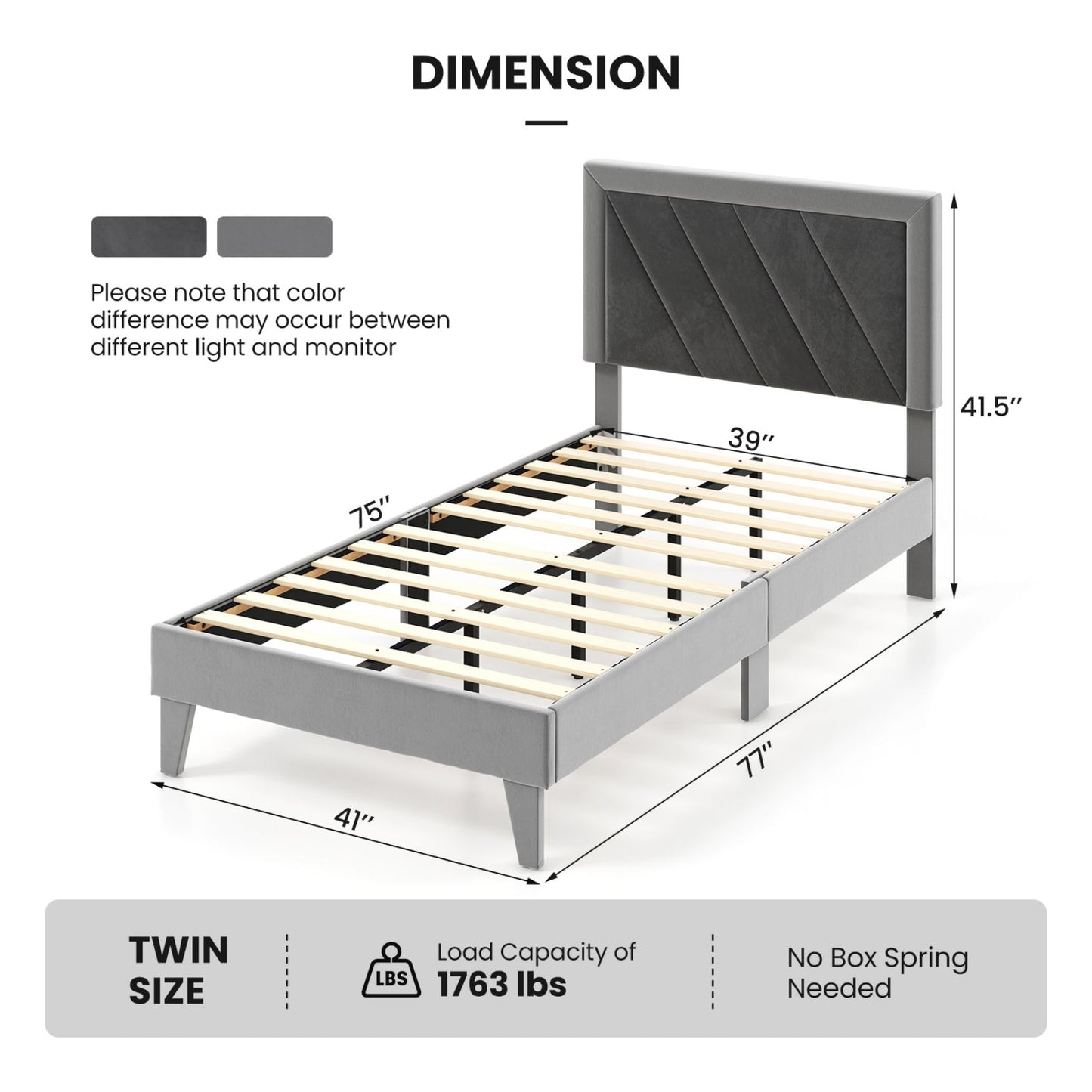 Twin Platform Bed with High Headboard and Wooden Slats-Twin Size