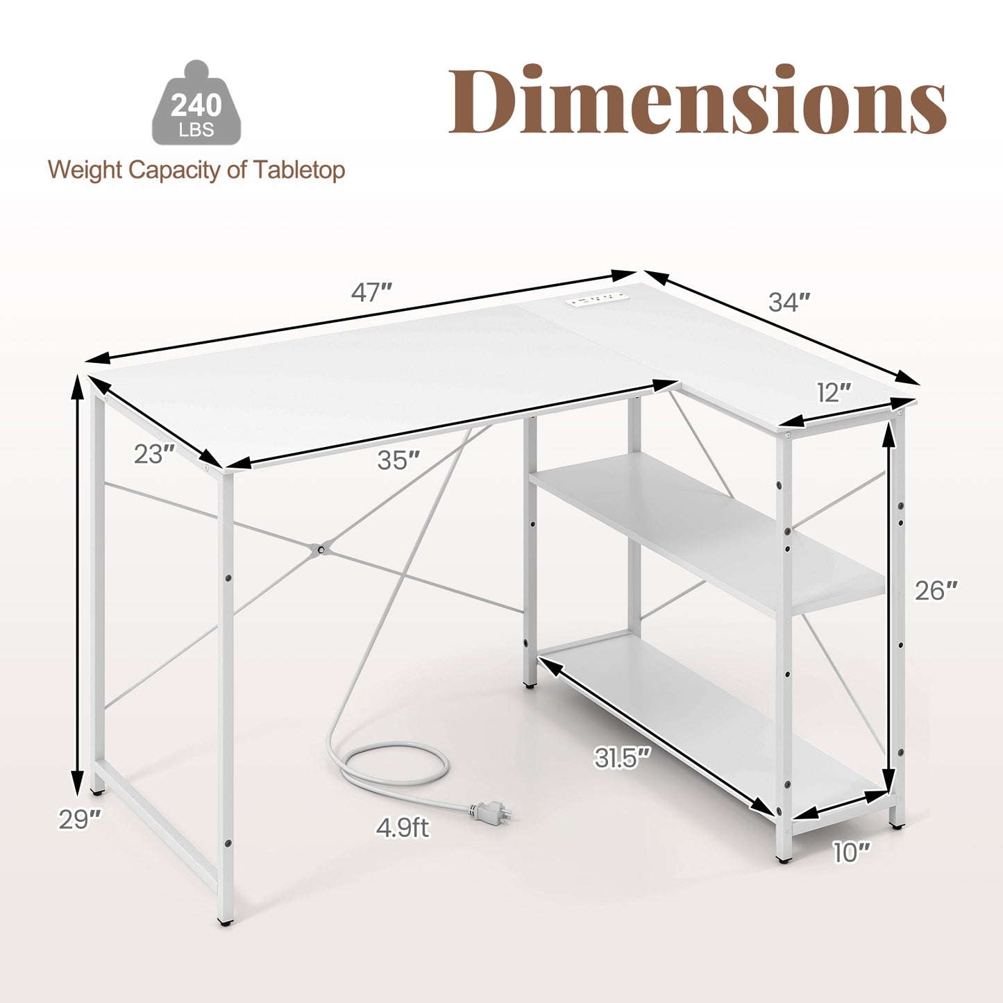L-shaped 47 Inch Reversible Corner Desk with Adjustable Storage Shelves-White