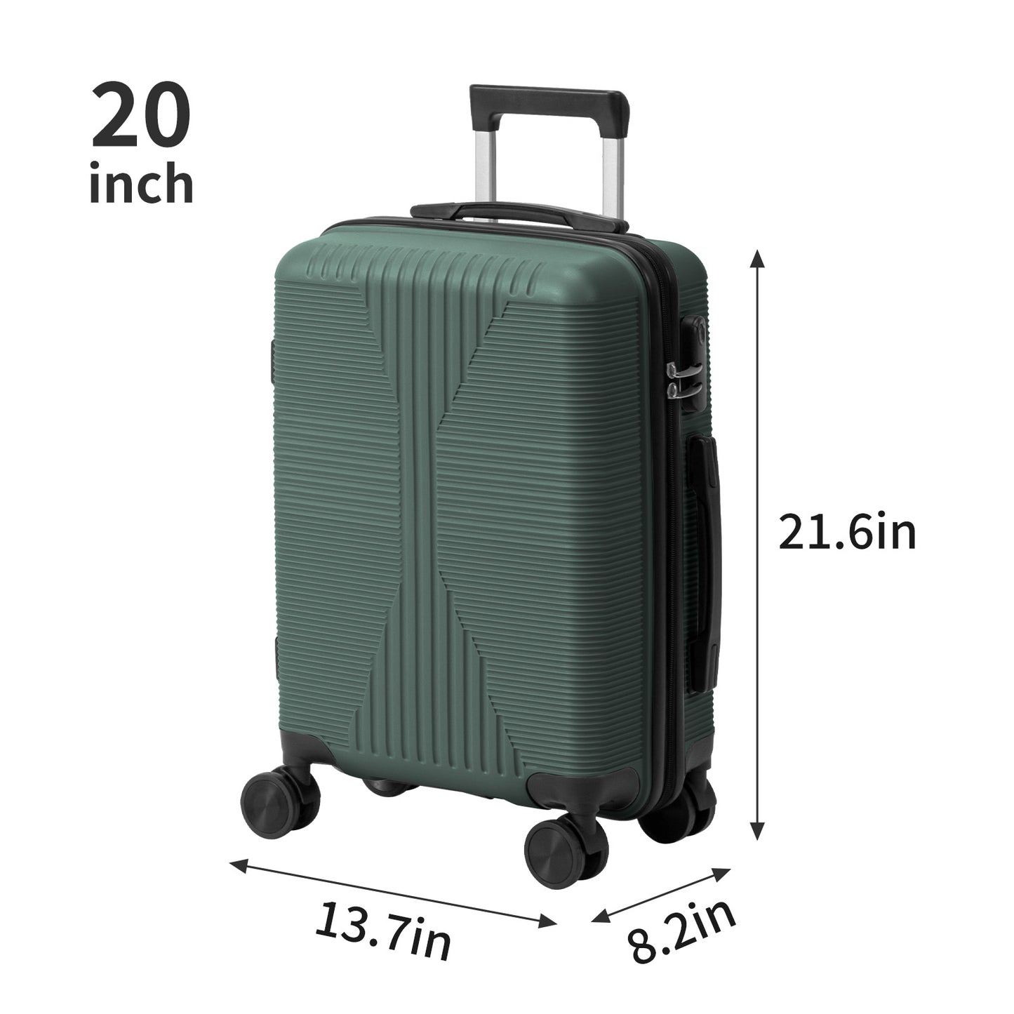 3 Piece PP Luggage Set 20 24 28 inch Hardside Spinner Suitcases, Dark Green