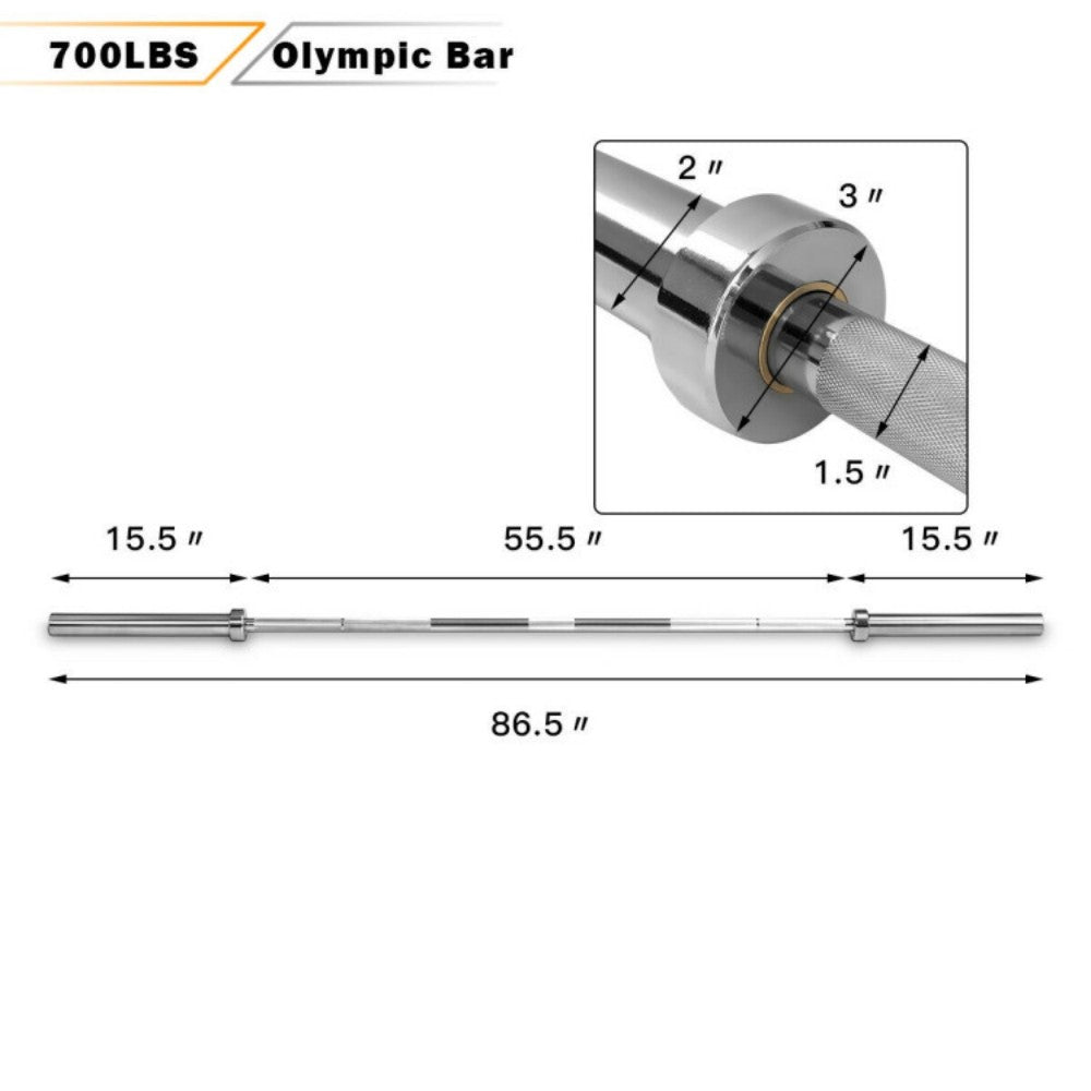 7 ft. Olympic Weight Barbell 700 lb. Capacity 86 in. A3 Steel Chrome Knurled Copper Sleeve Bearing 44 lb. Bar 2 in.