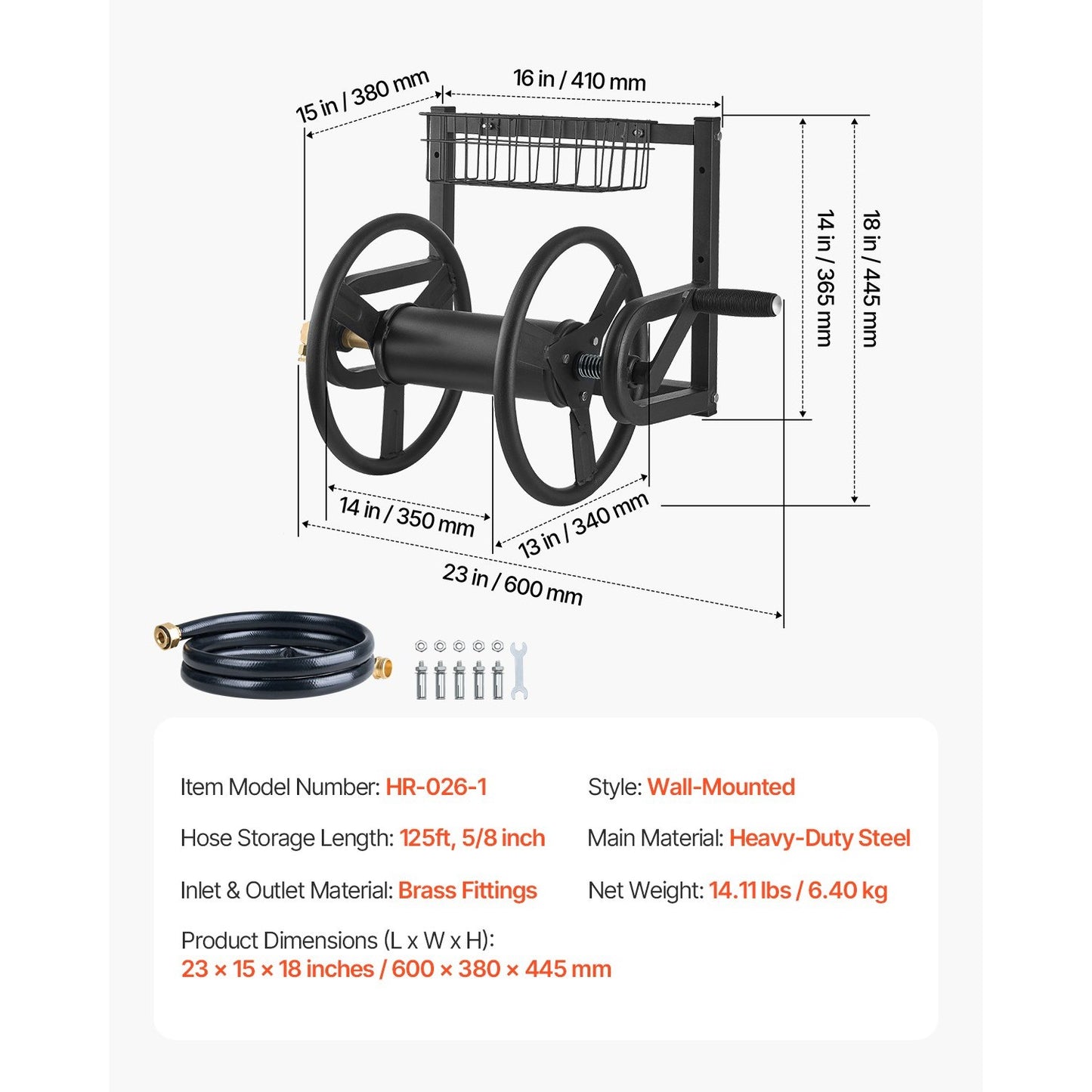Wall Mounted Garden Hose Reel 125 ft 5/8 in Heavy-Duty Steel Water Hose Winder Brass Fitting Storage Basket