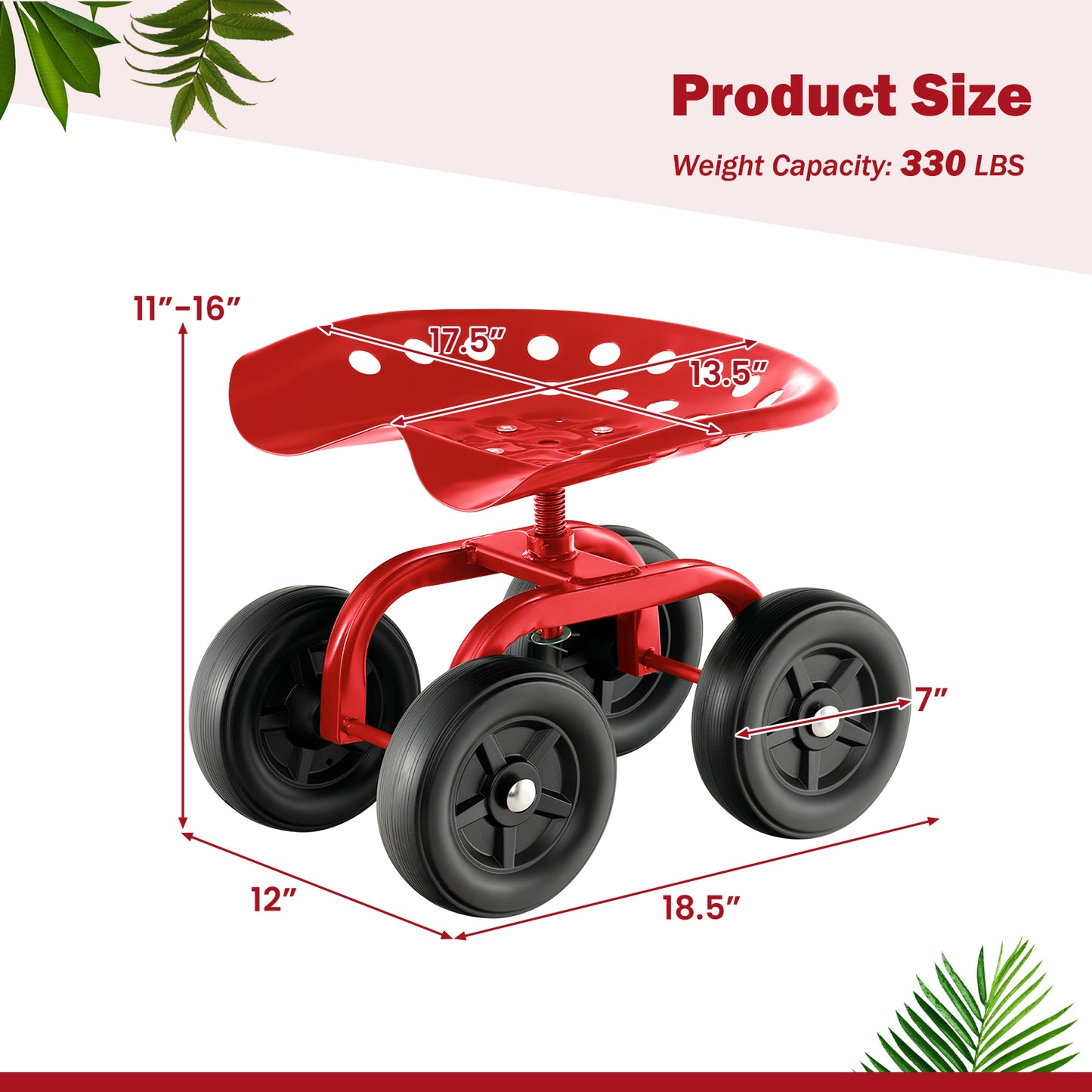 Rolling Gardening Scooter Stool Height Adjustable with 360 Degree Swivel Seat and 4 Quiet Tires