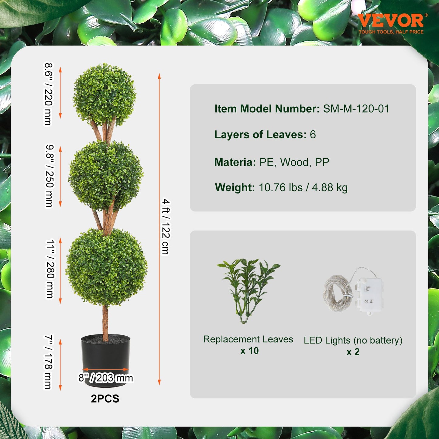Artificial Boxwood Triple Ball Topiary 48 in Tall 2-Pack with Planters Faux Tree Indoor Outdoor