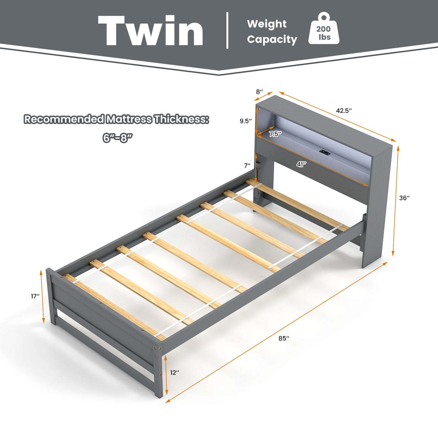 Twin Bed Frame Storage Headboard with Charging Station USB Type C LED Light 12 in. Under Bed Clearance