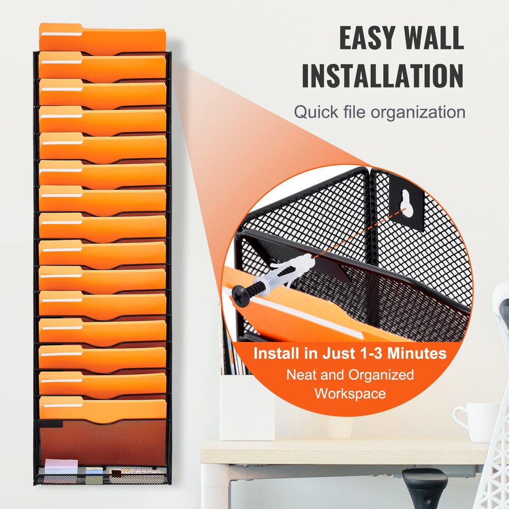File Wall Rack 16-Pocket Mesh Metal Wall Mount Document Organizer 35.27 lbs. Capacity Nametag Label Office School
