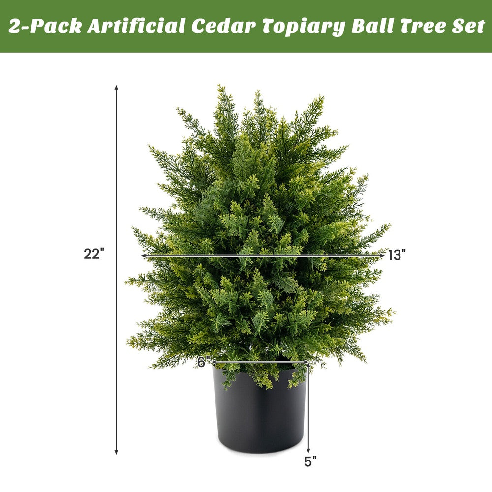 Set of 2 Artificial Cedar Topiary Ball Trees in Cement Pots, Faux Plants for Porch and Patio Decor
