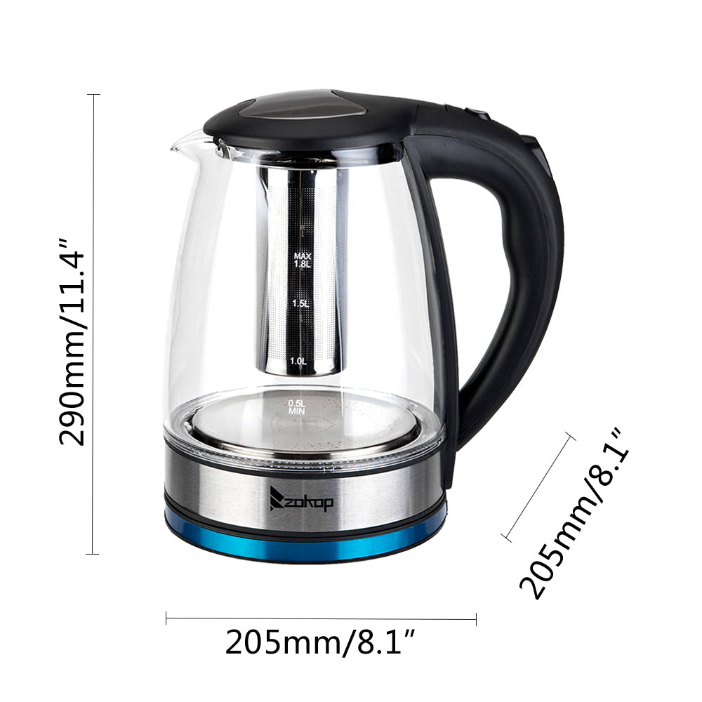 1.8L Electric Glass Kettle 1200W with LED Illumination, Borosilicate Cordless Water Boiler