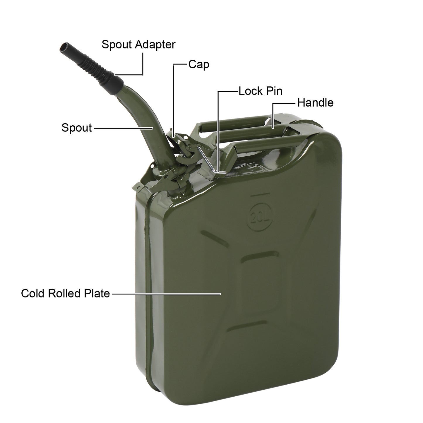 20L Portable Fuel Can with Spout, Steel Gasoline Diesel Storage Container, Army Green