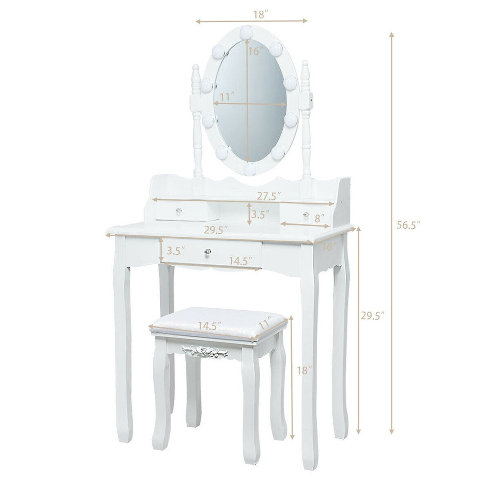 Oval Mirror Vanity Set 10 LED Dimmable Bulbs 360 Rotating 3 Drawers Solid Wood Legs Stool Crystal Handle UL